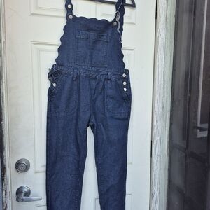 Denim Scallop-Edge Overalls - Dark Blue